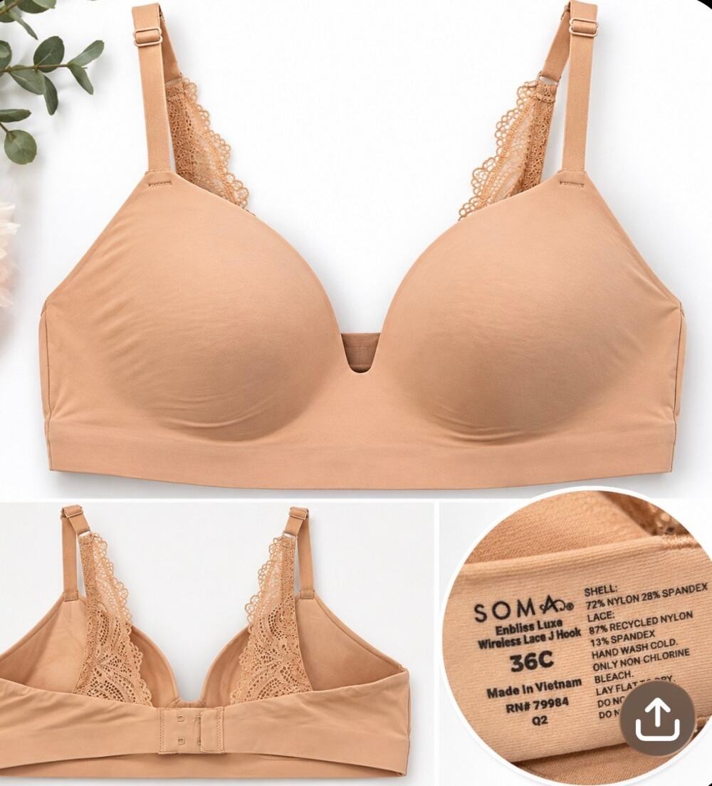 Soma Enbliss Luxe Wireless Lace Bra 36C Nude Beige Comfort Bra